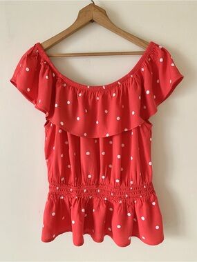 Red and White Polka Dot Off-Shoulder Peplum Top